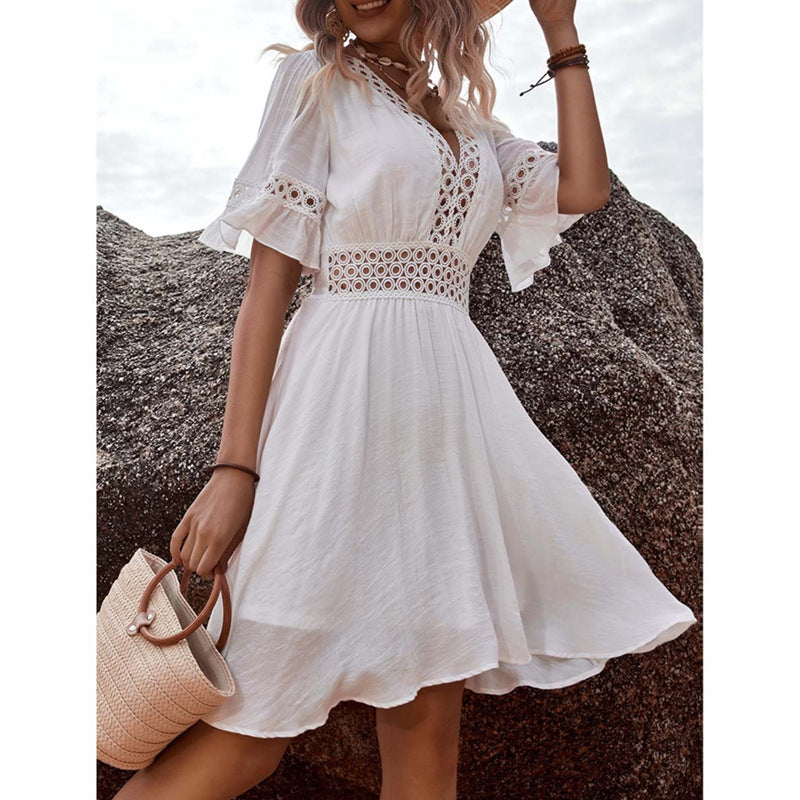 European And American V-neck Printed Lace Stitching Lace Bohemian Casual Vacation Style Dress