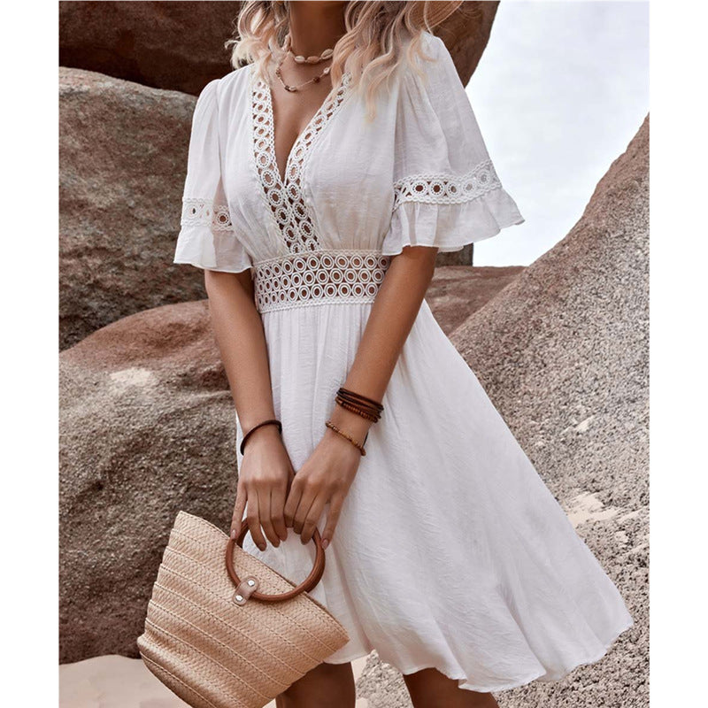 European And American V-neck Printed Lace Stitching Lace Bohemian Casual Vacation Style Dress